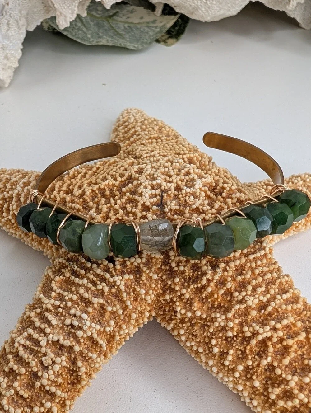 Faceted Nephrite Jade Wire-Wrapped Cuff Bracelet